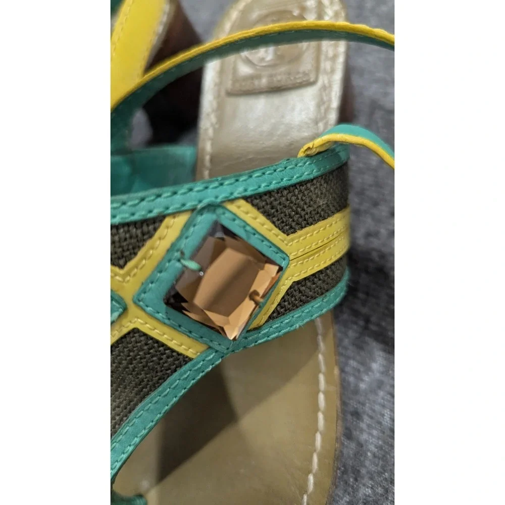 Tory Burch Sandals Womens 6M Green Yellow Boho Jewels Embellished Wearable Art